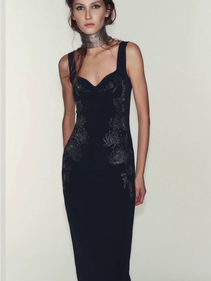 Nwt Zara Black Embellished Sleeveless Midi Dress